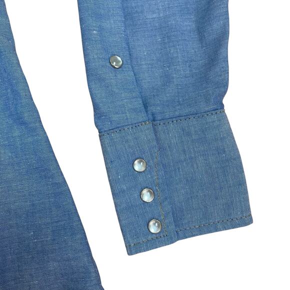Vintage 70s 80s Roebucks Chambray Pearl Snap Western Button Down Shirt Small - Picture 5 of 6